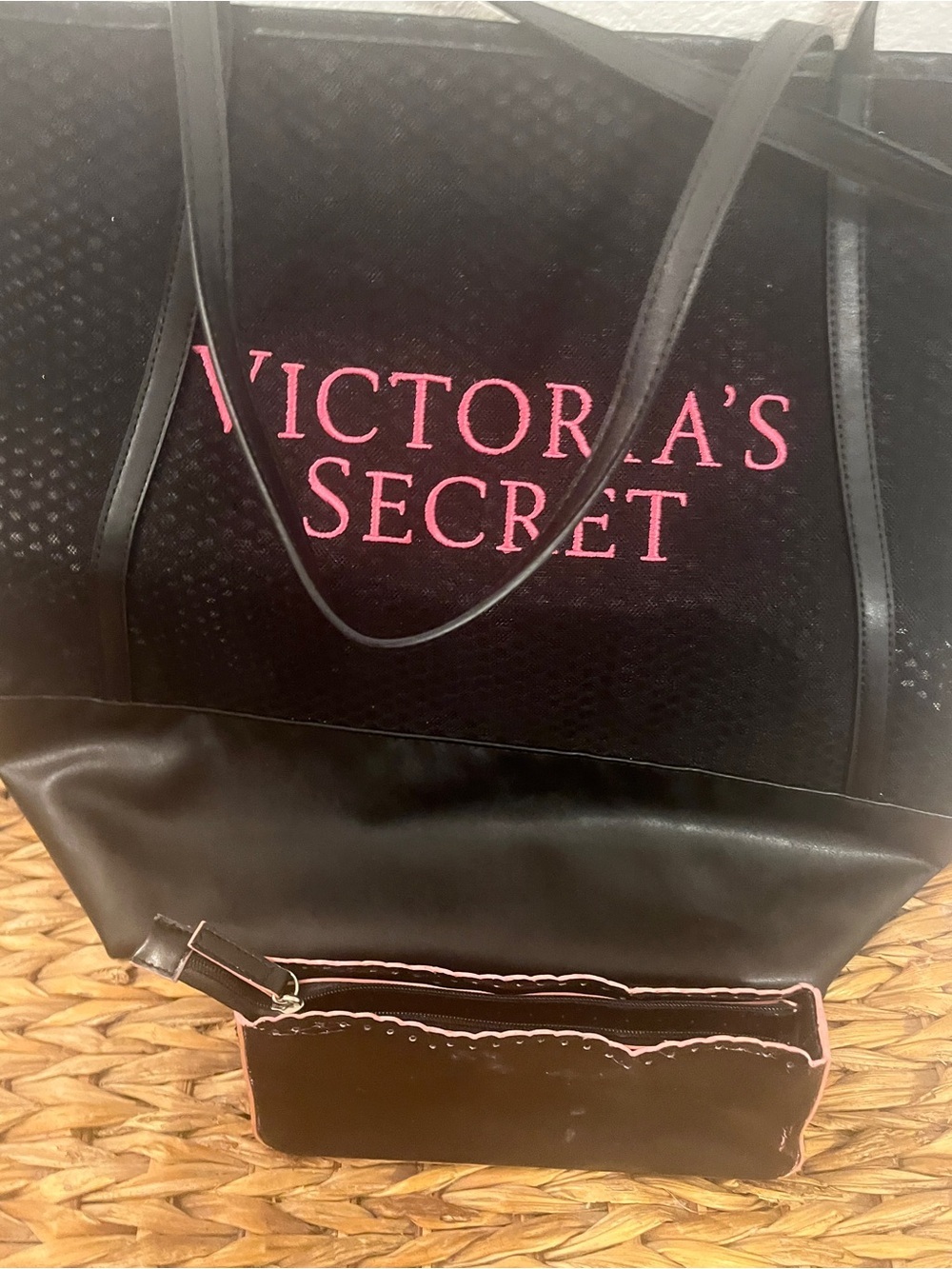 Victoria’s Secret Black Mesh Tote Bag + Matching Mini Cosmetic bag bundle